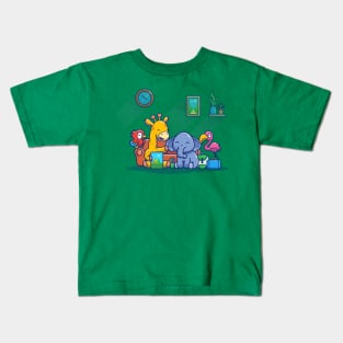 Happy Animals Playing Cartoon Kids T-Shirt